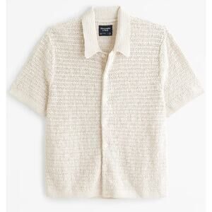 Abercrombie & Fitch Mens Crochet Knit Button Polo Shirt XS Cream Coastal Preppy